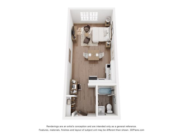 Chic and modern studio apartment floor plan showcasing an open-concept layout with a cozy living area, stylish kitchen, and elegant bathroom.