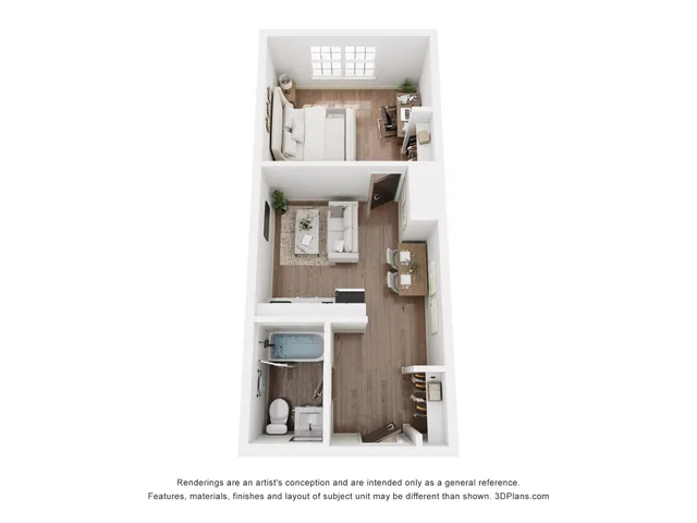 Modern 3D floor plan featuring a spacious bedroom, cozy living area, sleek kitchen, and elegant bathroom.