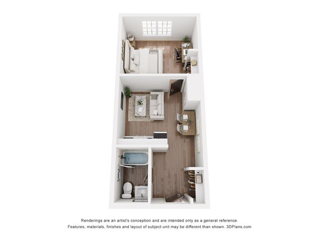 Modern 3D floor plan showcasing a sleek 1-bedroom apartment with a cozy living area, stylish kitchen, and elegant bathroom.