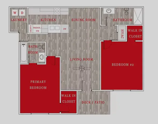 Modern floor plan with two bedrooms, two bathrooms, open kitchen, dining and living area, plus a deck/patio and laundry room.