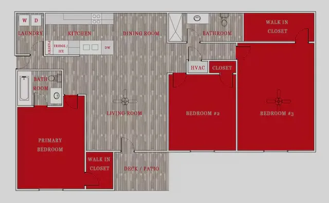Elegant floor plan showcasing 3 bedrooms, open kitchen with island, and spacious living and dining areas. Features include walk-in closets, two bathrooms, and a deck/patio, perfect for modern living.