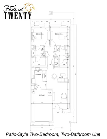 Elegant floor plan of Flats at Twenty showcasing a patio-style two-bedroom, two-bathroom unit with a sleek kitchen, spacious living area, and attached garage.