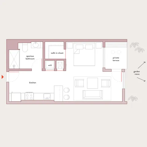 Elegant floor plan showcasing a spacious one-bedroom apartment with an open-concept living area, private terrace, and garden views.