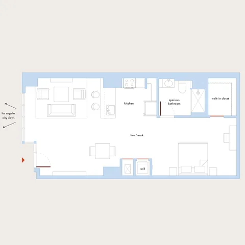 Modern floor plan highlighting a one-bedroom apartment with an open-concept kitchen, spacious living area, versatile live/work space, and panoramic Los Angeles city views.