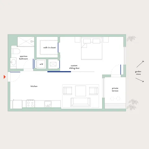 Elegant floor plan showcasing a spacious 1-bedroom apartment with a private terrace, modern kitchen, and garden views.