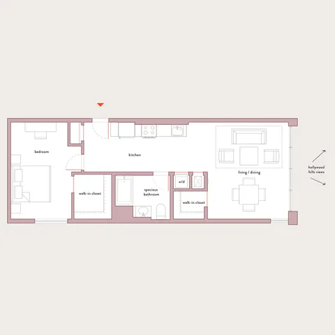 Inviting floor plan showcasing 1 bedroom, open kitchen, spacious bathroom, and living/dining area with Hollywood Hills views.