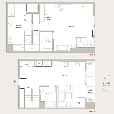 Chic dual-level Townhome floor plan with spacious living room, open kitchen, two private terraces, and elegant bedroom.