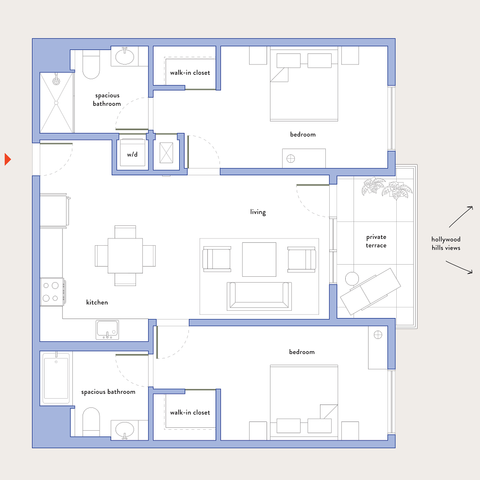 Modern floor plan highlighting 2 bedrooms, stylish kitchen, spacious living area, and private terrace with Hollywood Hills views.