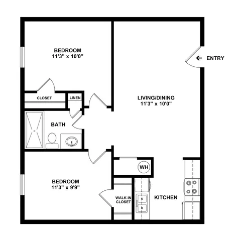 Modern 2-bedroom floor plan with open living/dining area, spacious kitchen, and ample closet space.