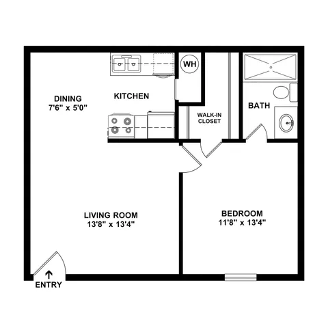 Charming 1-bedroom floor plan featuring a spacious living room, efficient kitchen, cozy dining area, and a walk-in closet.