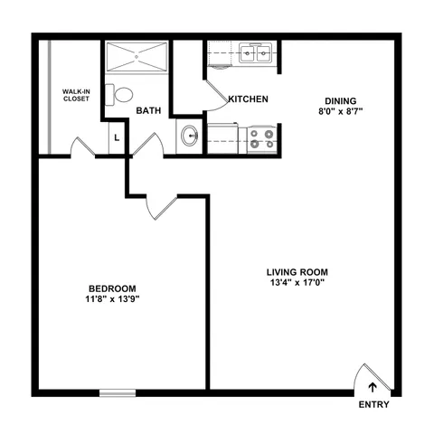 Modern 1-bedroom apartment floor plan with spacious living room, dining area, and kitchen, featuring a walk-in closet and convenient layout.