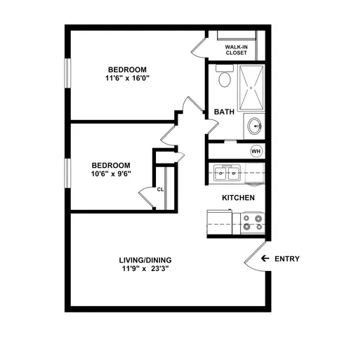 Charming floor plan featuring two bedrooms, an open living and dining area, and a well-designed kitchen with easy entry.
