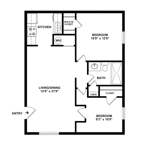Inviting 2D floor plan featuring 2 spacious bedrooms, a cozy living/dining area, modern kitchen, and ample storage with walk-in closet.