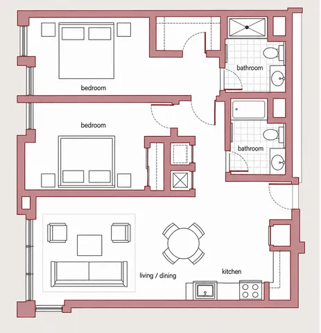 Modern 2D floor plan showcasing 2 bedrooms, 2 bathrooms, and an open-plan living/dining area with a kitchen.
