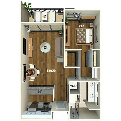 Chic 2D floor plan featuring a spacious bedroom, open-concept living and dining area, modern kitchen, and private balcony.