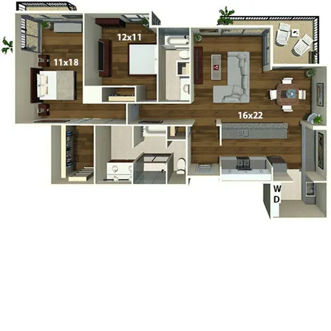 Modern apartment floor plan featuring 3 spacious bedrooms, a large open-concept living and dining area, and a sleek kitchen, complemented by hardwood flooring and expansive balcony views.