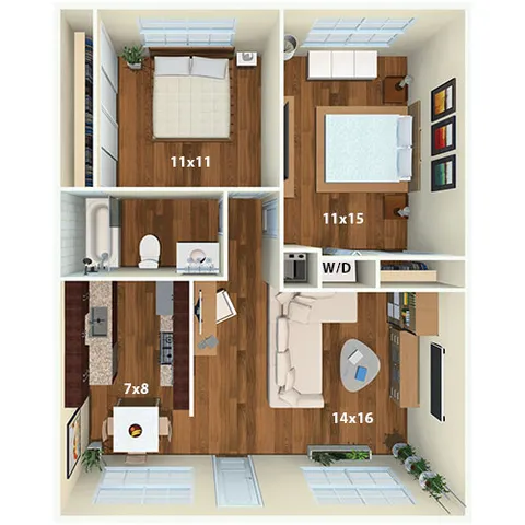 Modern 2D floor plan with two bedrooms, cozy living area, functional kitchen, and bathroom, featuring wood flooring and stylish decor.
