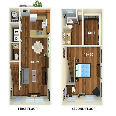 Charming two-story floor plan showcasing a spacious first floor with open kitchen, dining area, and cozy living room; second floor features a large bedroom with an adjoining bathroom.