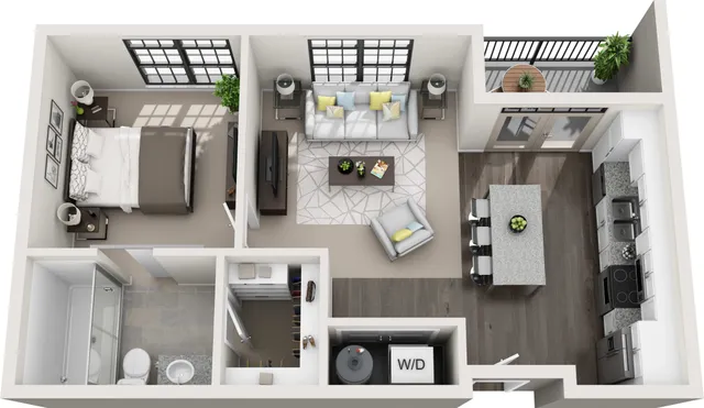 Modern 3D floor plan showcasing a spacious one-bedroom apartment with an open-concept living and kitchen area, sleek bathroom, and cozy balcony.