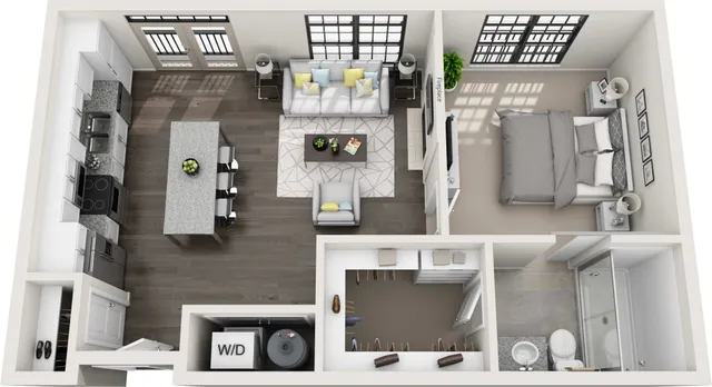 Chic 1-bedroom apartment floor plan with open-concept living and dining area, modern kitchen, spacious walk-in closet, and sleek bathroom.