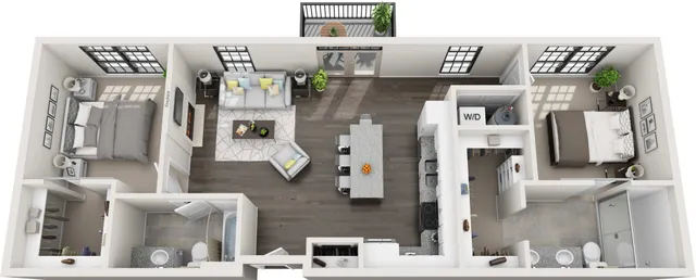 Contemporary 3D apartment floor plan showcasing two spacious bedrooms, stylish living room with balcony, modern kitchen with island, and two luxurious bathrooms.
