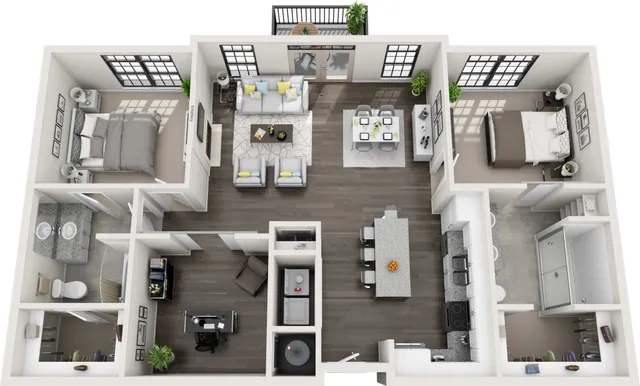 Elegant 3D floor plan showcasing two spacious bedrooms, modern open-concept living and dining area, gourmet kitchen, and a stylish study room.