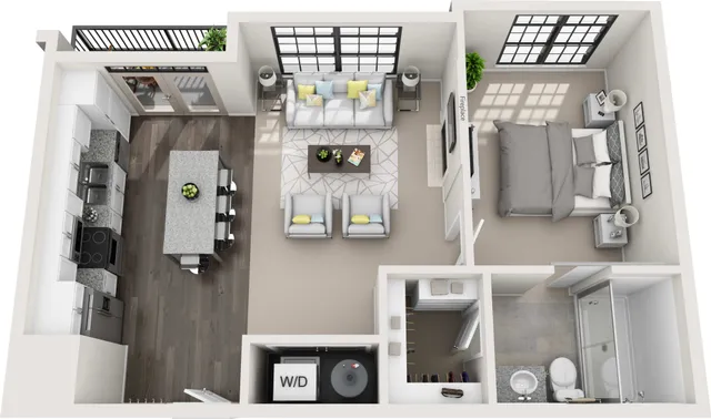 Chic 3D floor plan showcasing a modern 1-bedroom apartment with an open kitchen, cozy living room with fireplace, and stylish bathroom. Includes in-unit washer and dryer.