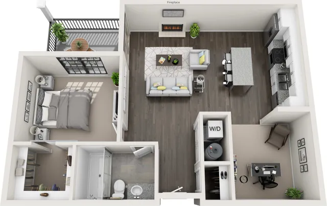 Inviting 3D floor plan showcasing a cozy one-bedroom apartment with an elegant open-plan living area, modern kitchen island, and private balcony.