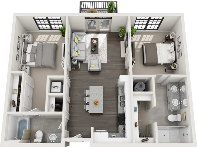 Modern 3D floor plan showcasing 2 bedrooms, a cozy living area, an open kitchen with island seating, and a dual-sink bathroom, complete with balcony views.