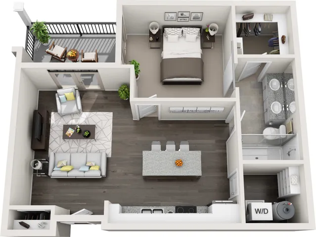 Modern one-bedroom apartment floor plan featuring an open-concept living area, gourmet kitchen with island, spacious balcony, elegant bathroom, and convenient in-unit laundry.