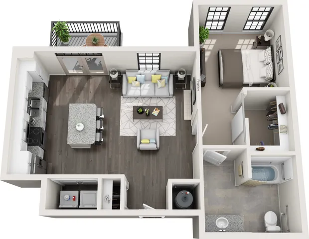 Modern 3D floor plan showcasing a spacious one-bedroom apartment with an open-concept kitchen, cozy living room with fireplace, private balcony, and well-appointed bathroom.