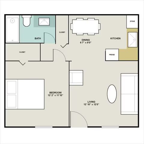 Livable and open 1-bedroom floor plan featuring a modern kitchen, open-concept dining area, spacious living room, and a well-appointed bathroom.