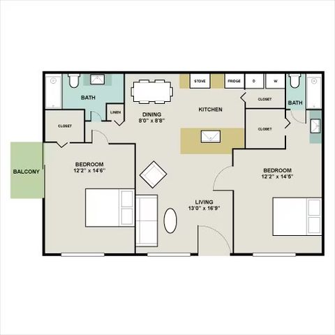 Modern apartment floor plan featuring 2 spacious bedrooms, 2 bathrooms, open living and dining area, kitchen with appliances, and a private balcony.