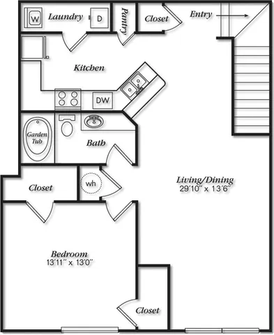 Inviting floor plan showcasing a spacious one-bedroom layout with garden tub, open kitchen with pantry, and expansive living/dining area.