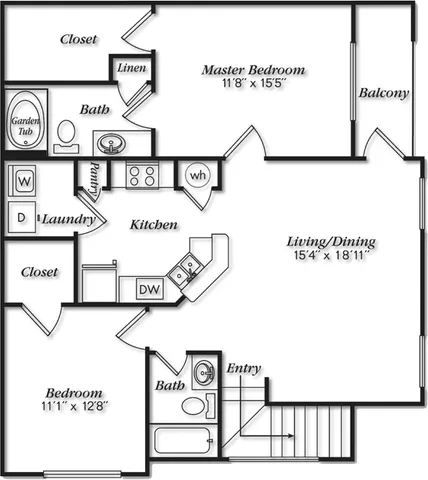 Elegant floor plan featuring 2 spacious bedrooms, master suite with balcony, modern kitchen, and open living/dining area.