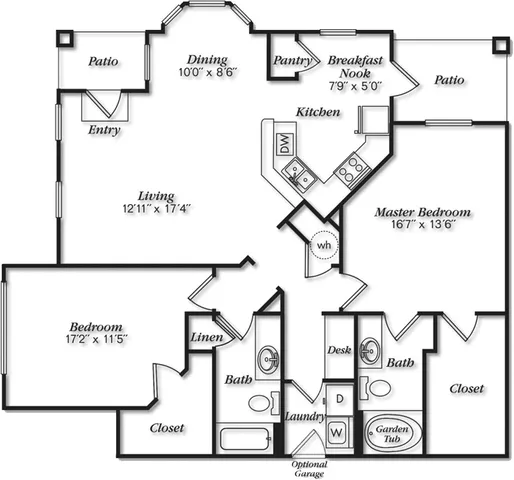 Elegant floor plan showcasing 2 bedrooms, spacious living area, and modern kitchen with pantry and breakfast nook, featuring dual patio access.