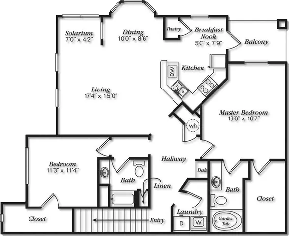 Inviting floor plan with 2 spacious bedrooms, a modern kitchen with breakfast nook, elegant dining area, and a cozy solarium. Features 2 baths, living room, balcony, and convenient laundry space.