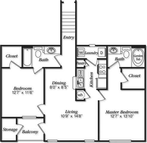 Modern floor plan featuring a spacious living room, two bedrooms, each with a private bath, a well-appointed kitchen with pantry, and a cozy dining area. Includes balcony access and convenient storage space.
