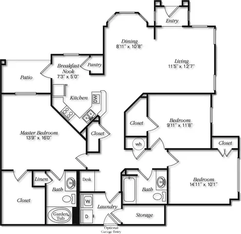 Inviting floor plan featuring three spacious bedrooms, two elegant baths, open-concept living and dining areas, modern kitchen with breakfast nook, and a cozy patio.