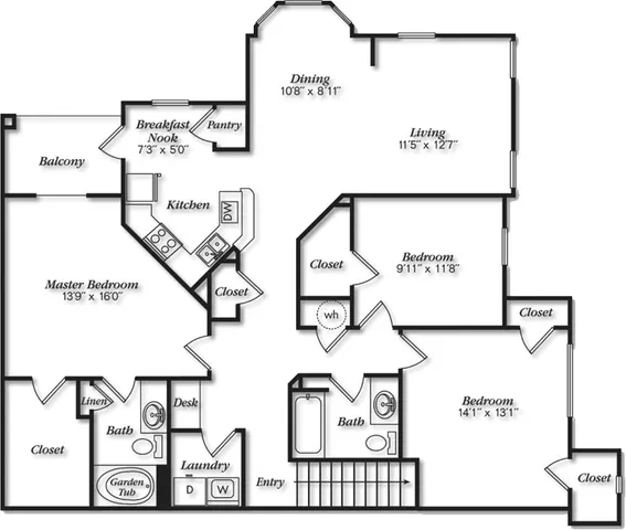 Elegant floor plan showcasing 3 spacious bedrooms, open dining area, and a cozy living room. Features include a modern kitchen with a breakfast nook, laundry room, and a charming balcony.