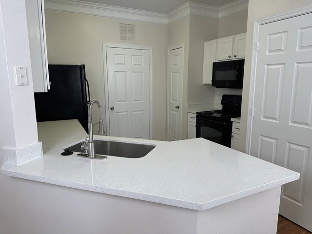 Modern kitchen with sleek quartz countertops, undermount sink, and contemporary black appliances, perfect for stylish living.