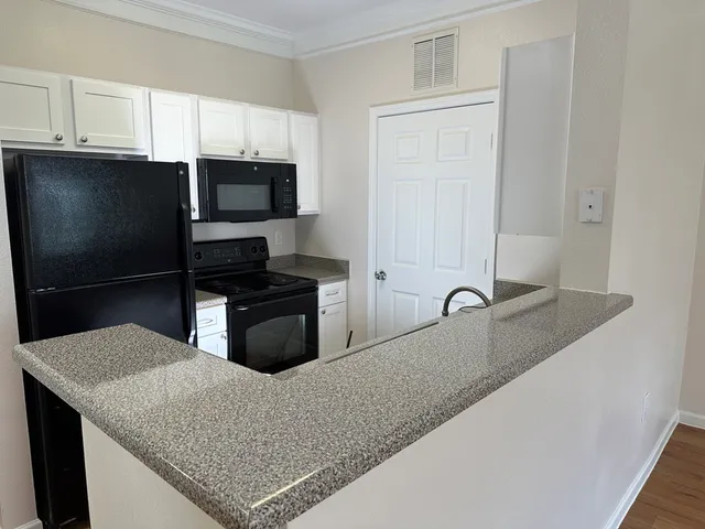 Modern kitchen with sleek countertops, white cabinetry, and black appliances creating a stylish cooking space.