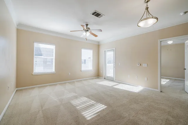 Bright and airy living room with plush carpeting, ceiling fan, and ample natural light from large windows and a glass door.