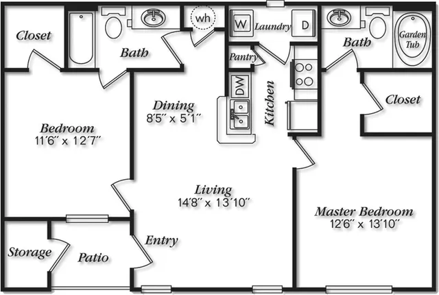 Elegant floor plan featuring 2 bedrooms, 2 baths with garden tub, open living area, dedicated dining space, and modern kitchen with pantry.