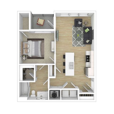 Modern 2D floor plan showcasing a 1-bedroom apartment with open-concept living area, sleek kitchen, cozy balcony, and spacious bathroom.