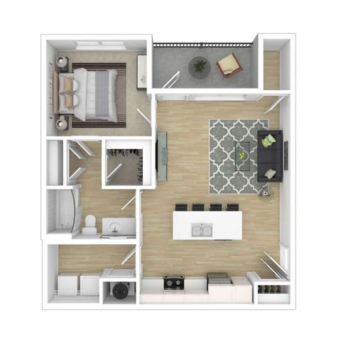 Modern 1-bedroom apartment floor plan with open kitchen, cozy living area, and private balcony.