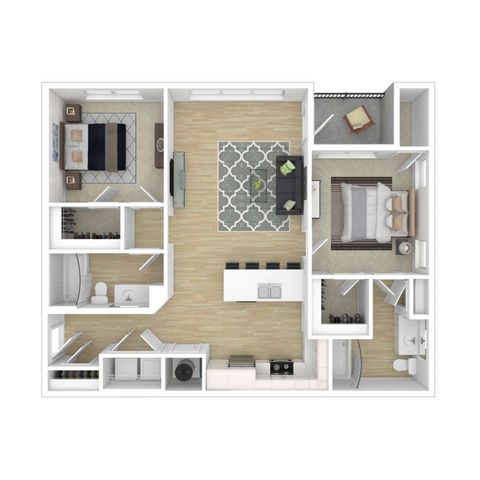 Modern floor plan featuring two spacious bedrooms, an open-concept living and dining area, sleek kitchen with island, and two bathrooms.