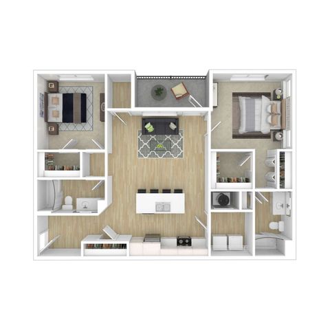 Elegant floor plan showcasing 2 bedrooms, spacious open-concept living area, modern kitchen, and cozy balcony.