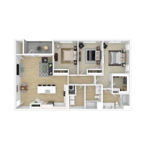 Modern floor plan showcasing 2 bedrooms, a cozy living room, and a sleek kitchen, featuring a spacious open layout and balcony access.