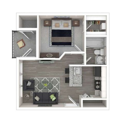 Chic 1-bedroom apartment floor plan with an open-concept living area, modern kitchen, and private balcony.